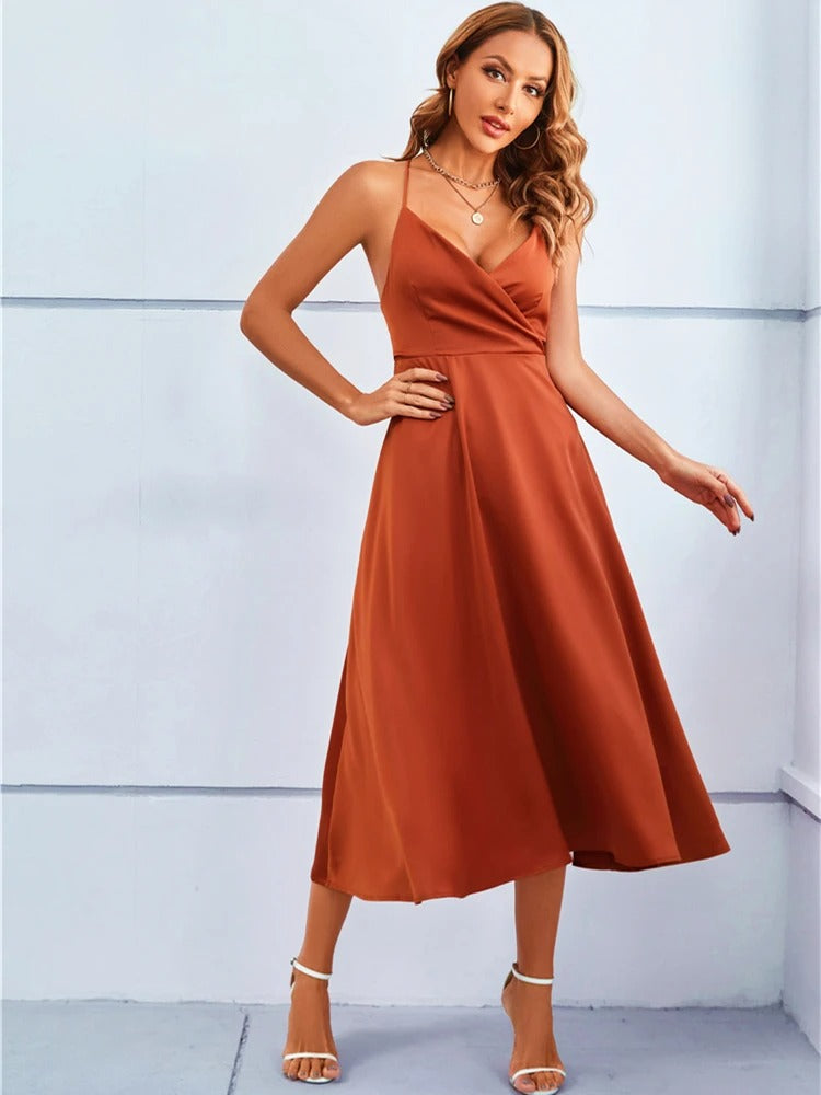 NIMA Haltertop strapless rugloze satijnen maxi jurk