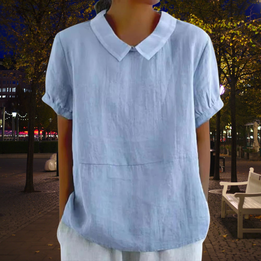 NIMA roze omgeslagen kraag eenvoudige linnen dames blouse