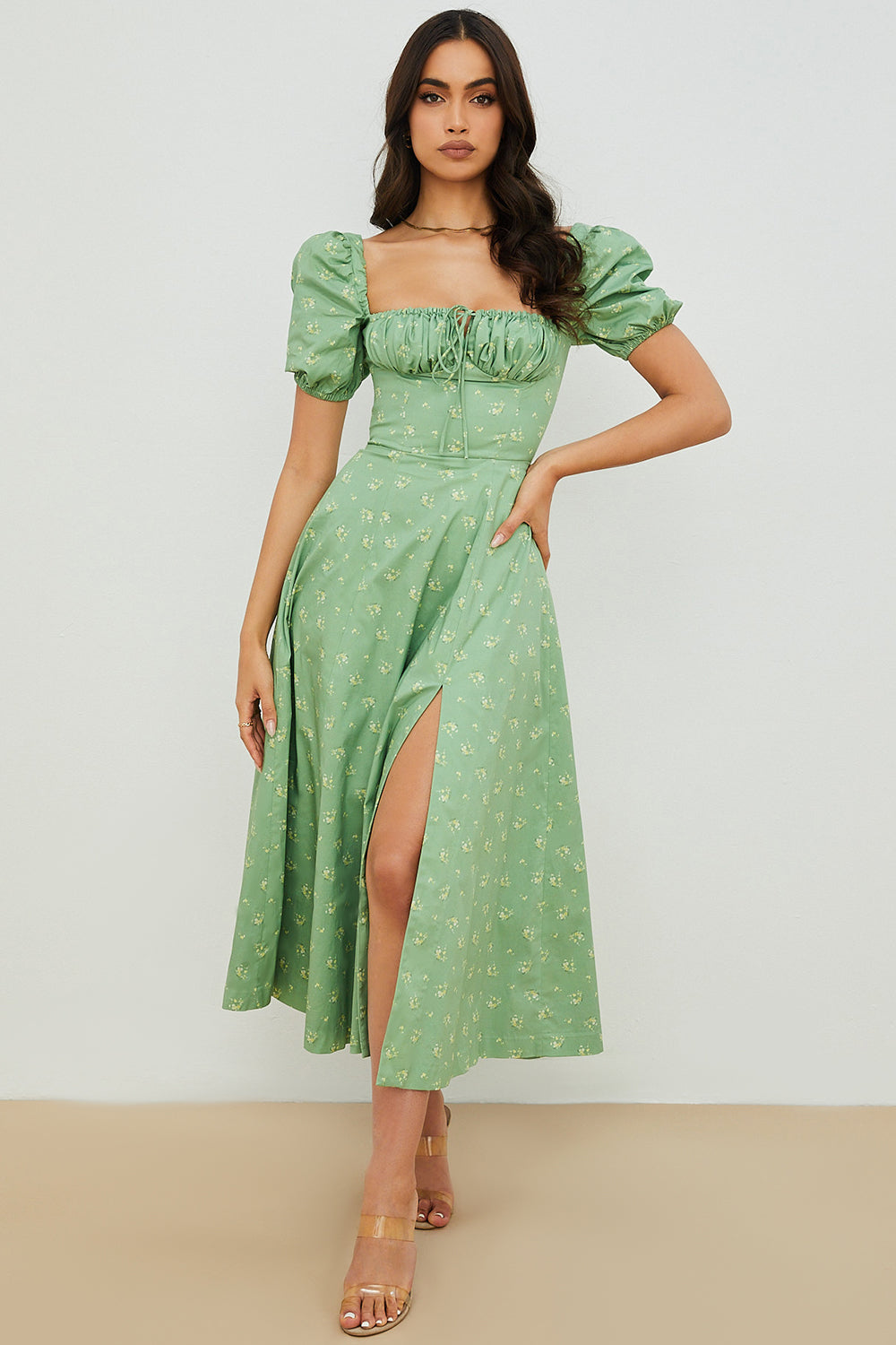 NIMA Midi zonnejurk met bloemenpofmouwen