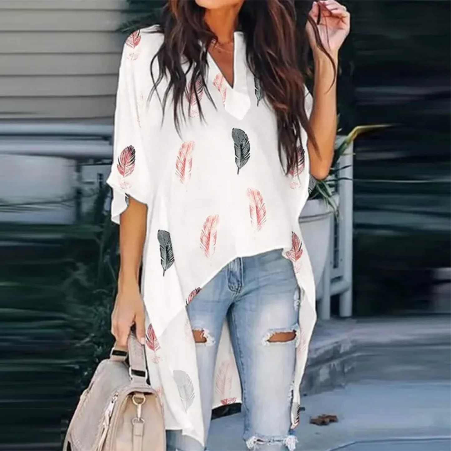NIMA witte verenprint v-hals lange zomer blouse