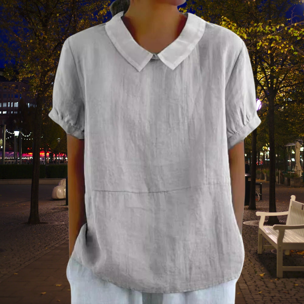 NIMA roze omgeslagen kraag eenvoudige linnen dames blouse