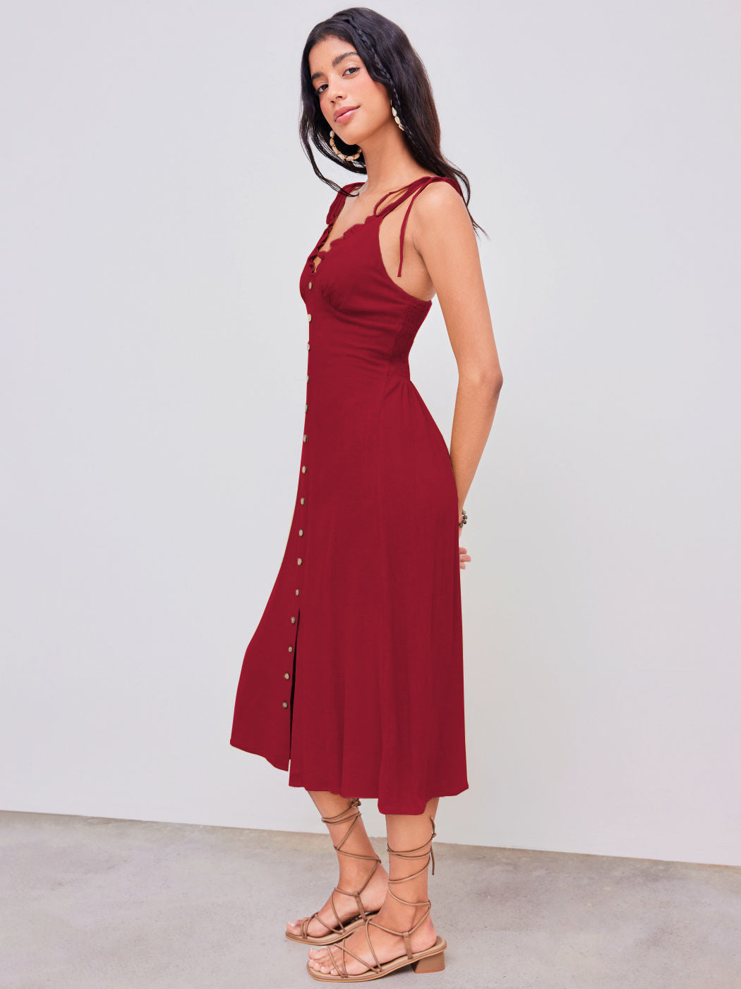 NIMA Casual elegante rode maxi jurk met knopen