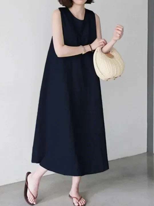 NIMA Elegante blauwe linnen jurk met ronde hals