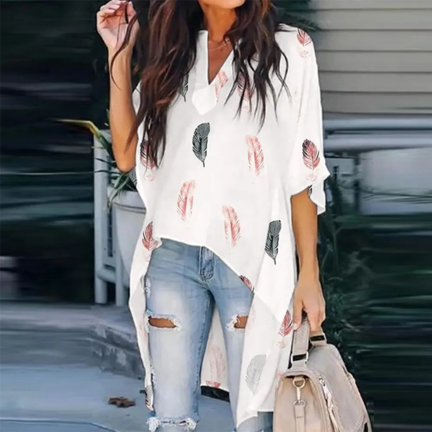 NIMA witte verenprint v-hals lange zomer blouse