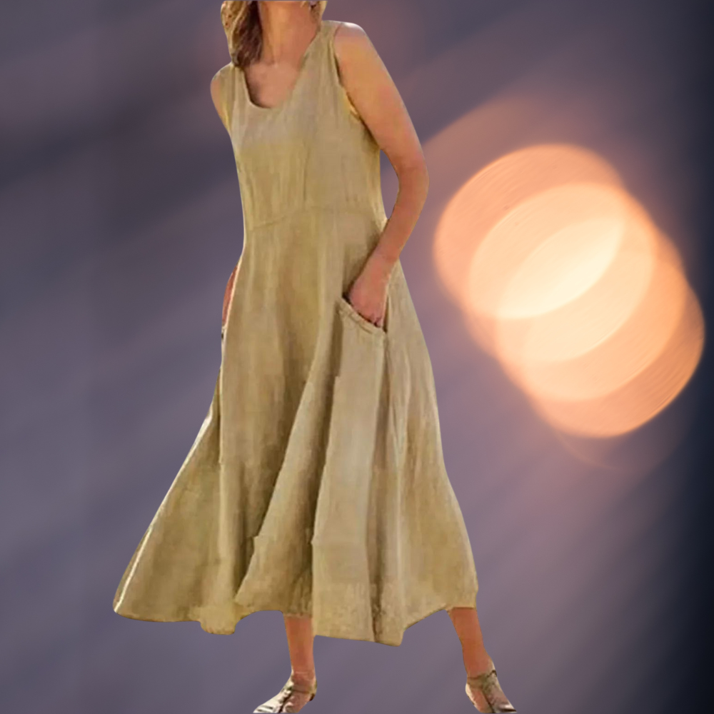 NIMA elegant lined linen dress with round neckline