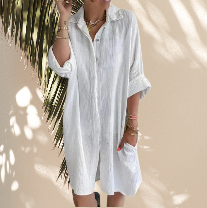 NIMA Eenvoudige knoop turn kraag blouse jurk