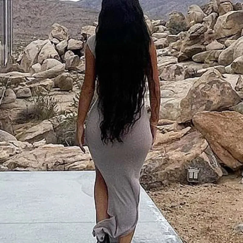 NIMA Side slits plain colour cocktail dress with one shoulder