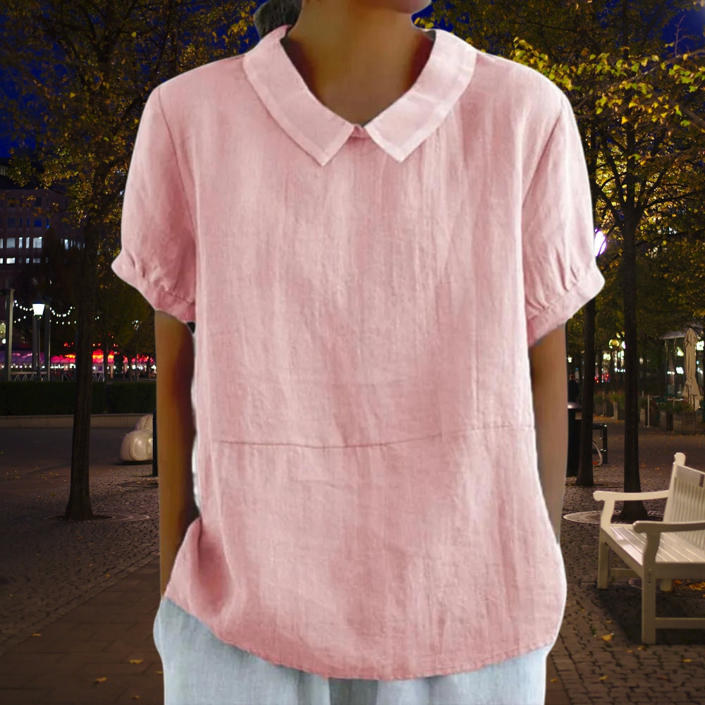 NIMA roze omgeslagen kraag eenvoudige linnen dames blouse
