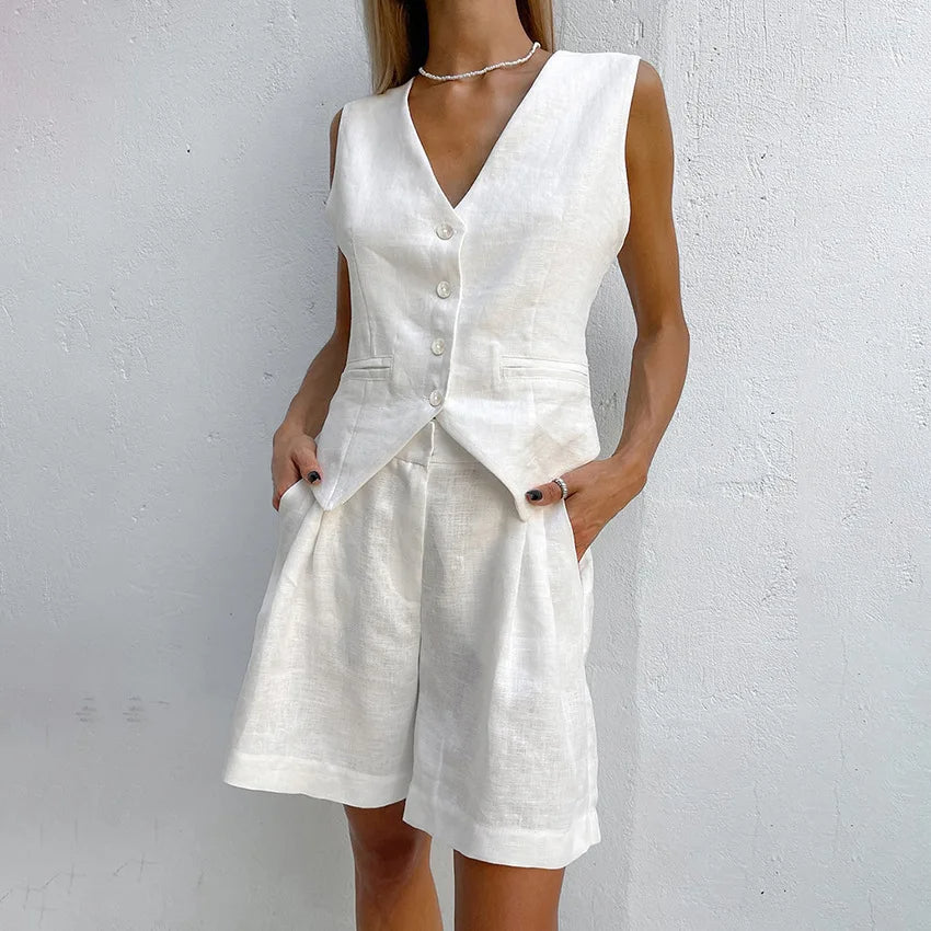 NIMA Zomer set dames met V-hals vest, wijde broek