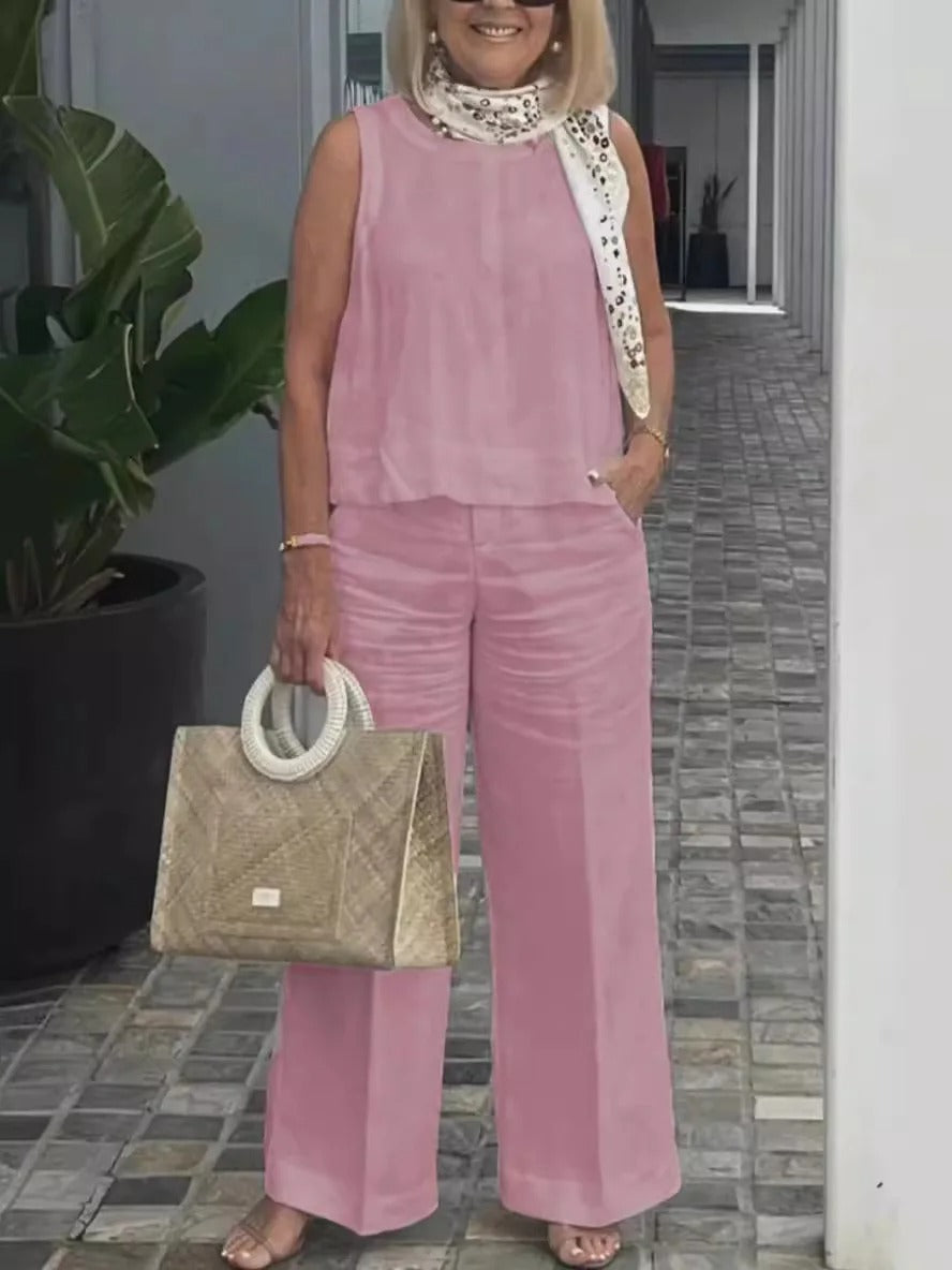 NIMA mouwloze effen kleuren wijde pijpen blouse en broek set