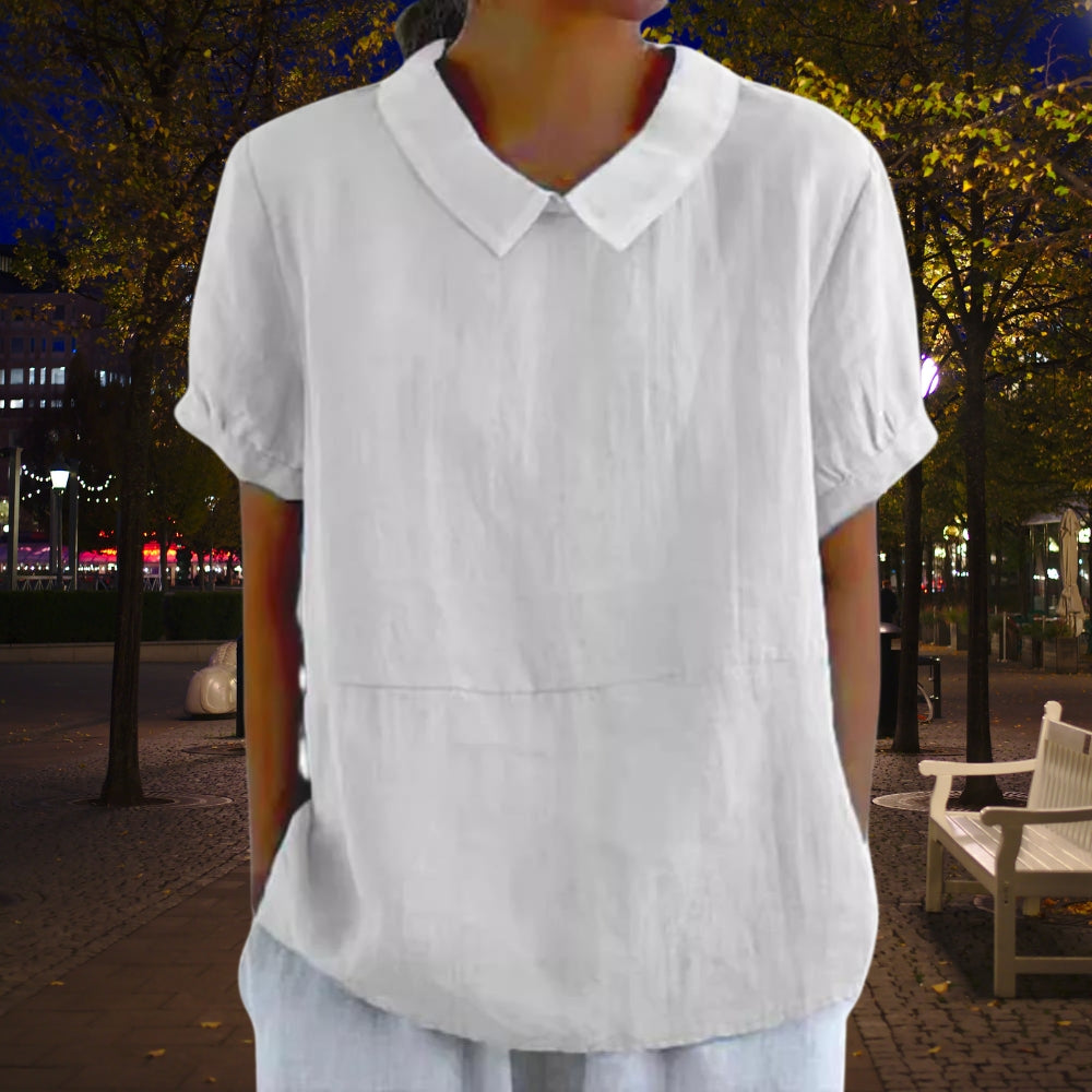 NIMA roze omgeslagen kraag eenvoudige linnen dames blouse