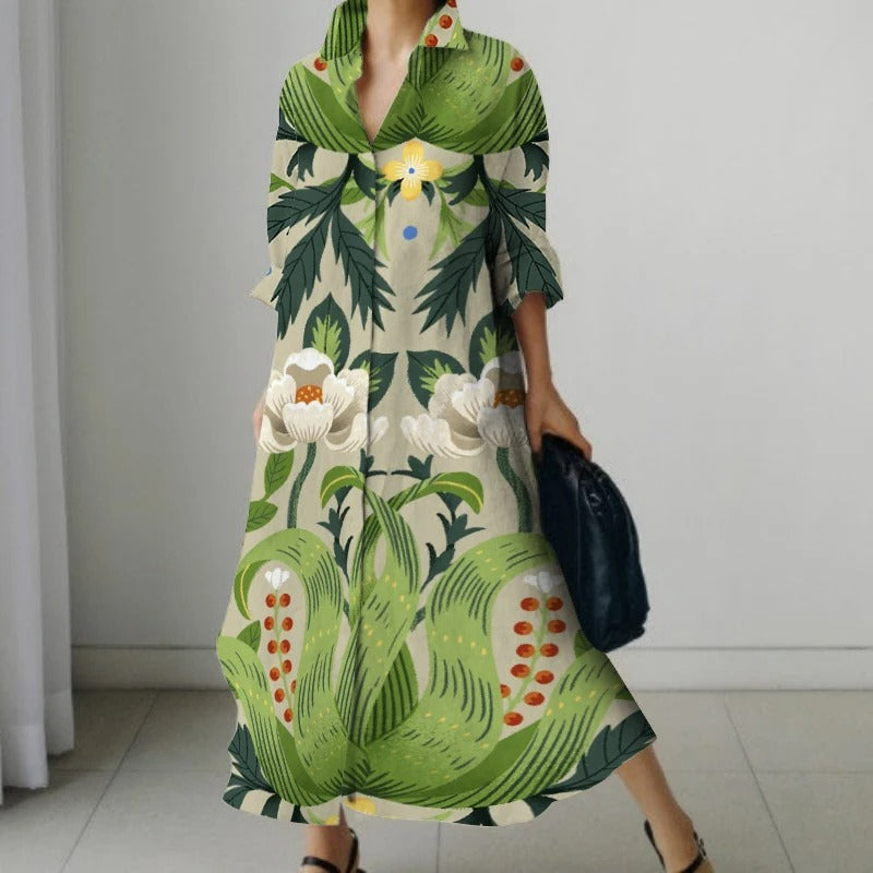 NIMA Elegante zwarte blouse jurk met bloemenprint en draaikraag