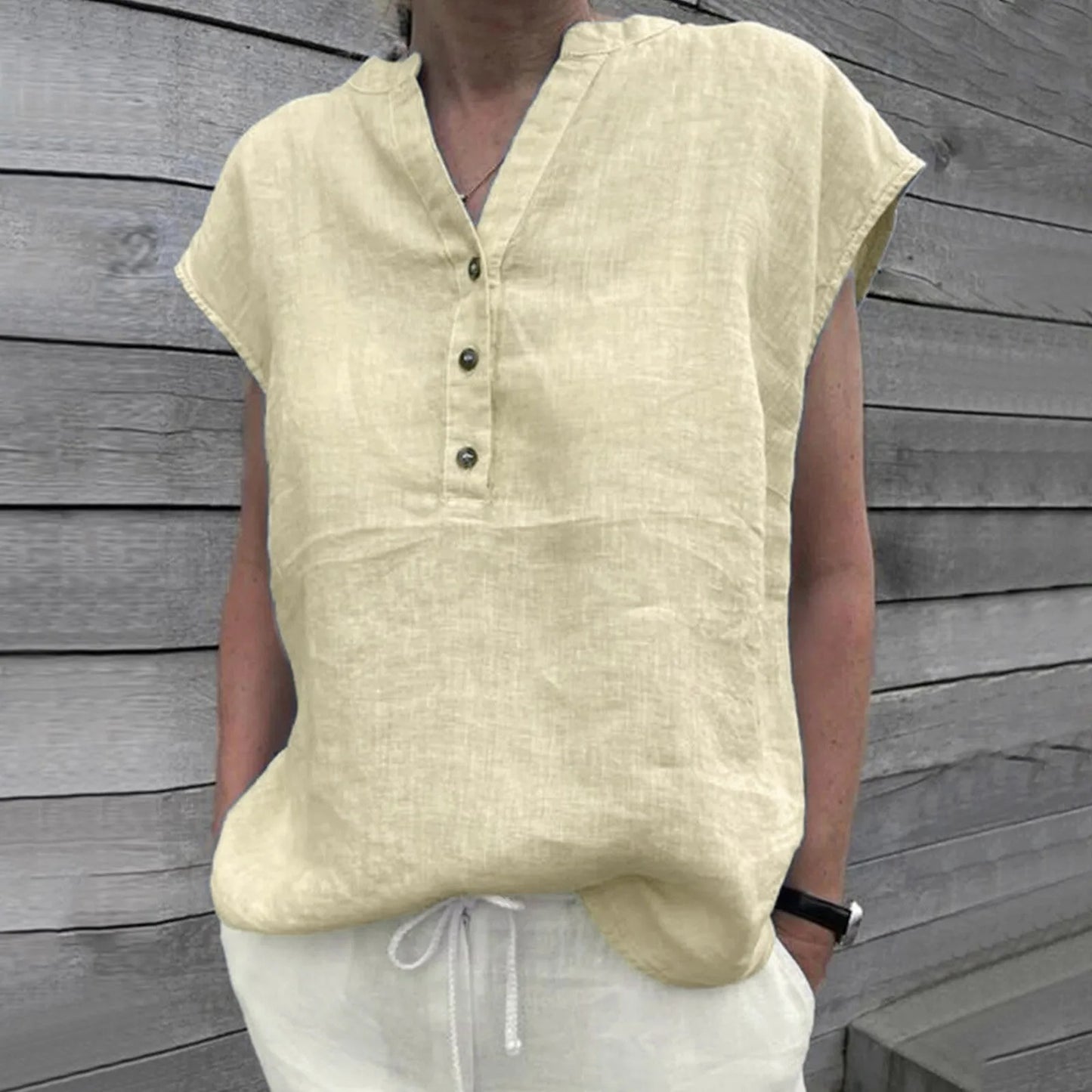 NIMA witte staande kraag knoop linnen dames blouse