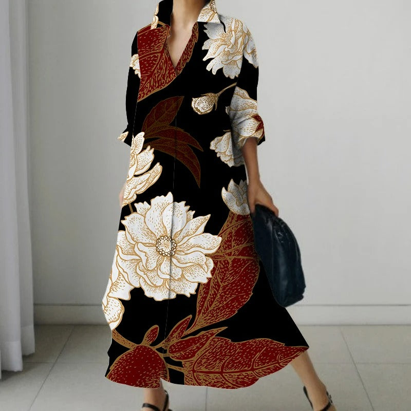 NIMA Elegante zwarte blouse jurk met bloemenprint en draaikraag