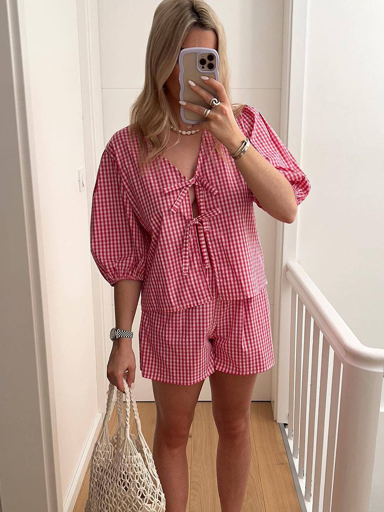 NIMA Getailleerde blouse en broek set met ruitenprint