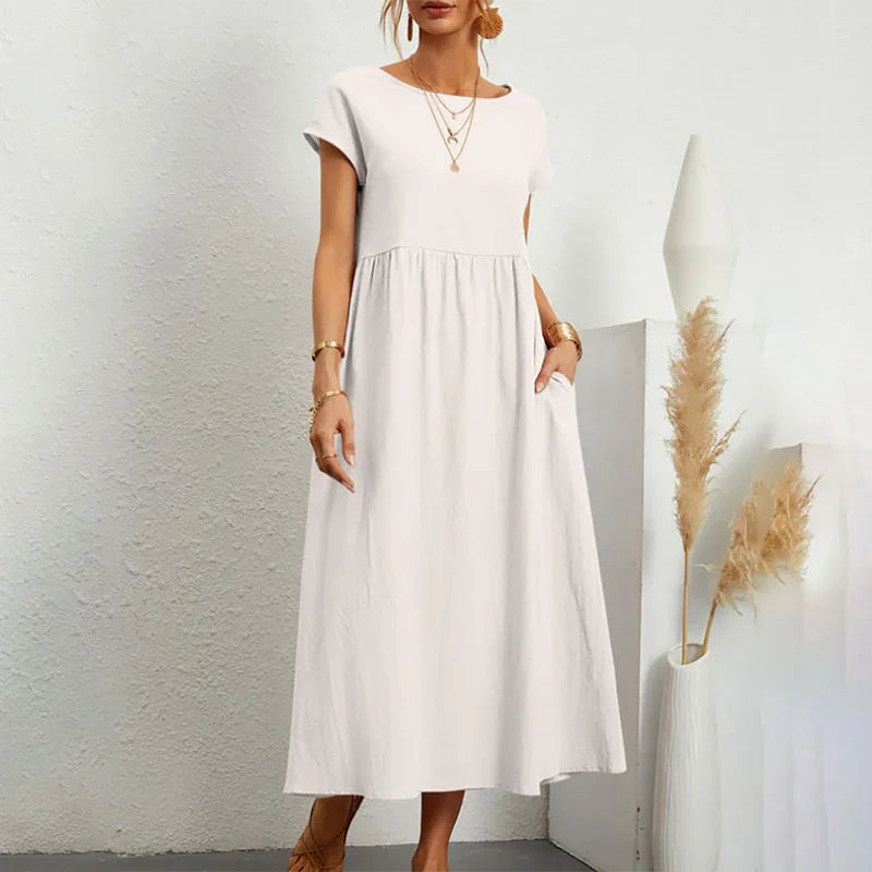 NIMA elegant comfortable linen dress Whiteh round neckline