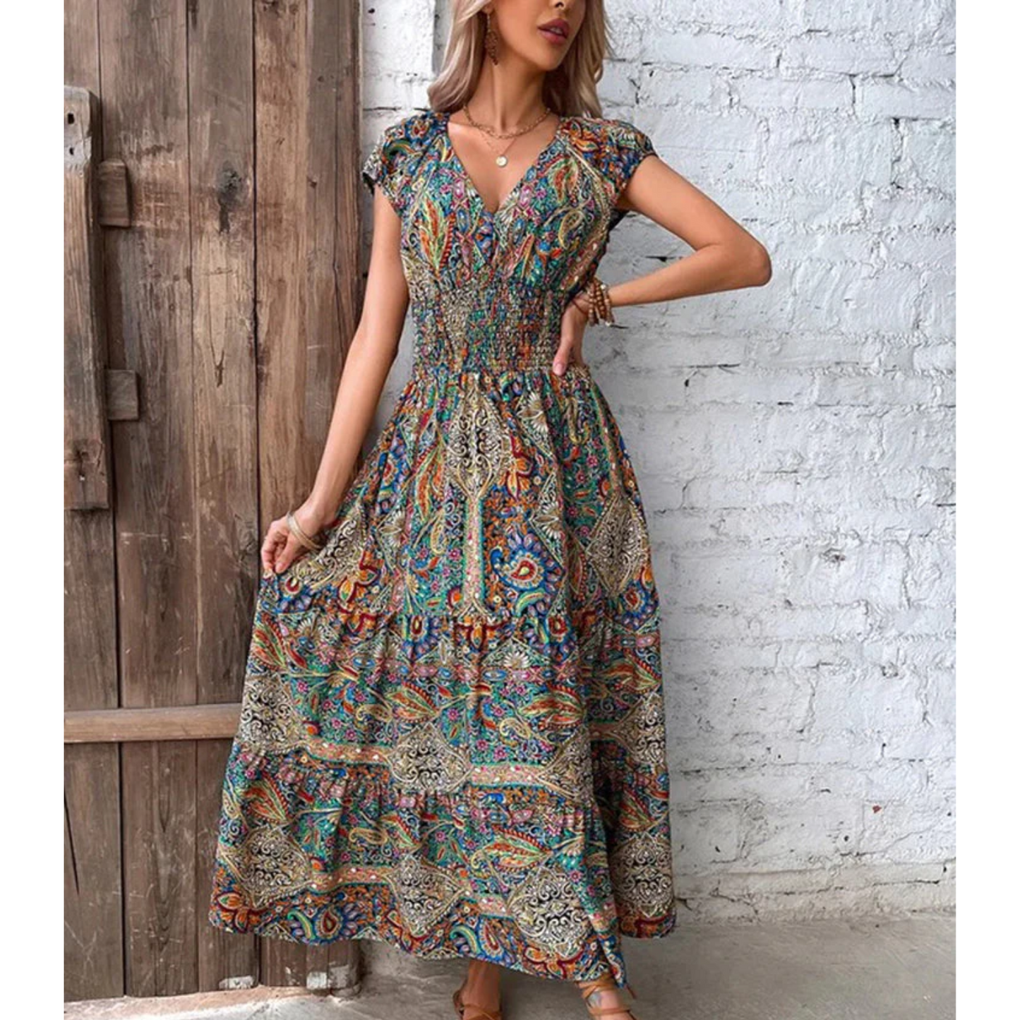NIMA Lange Zomerjurk Met Verzamelde Taille