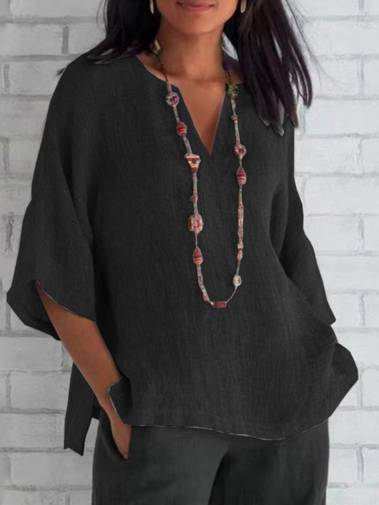 NIMA blauwe v-hals lichtgewicht linnen dames blouse