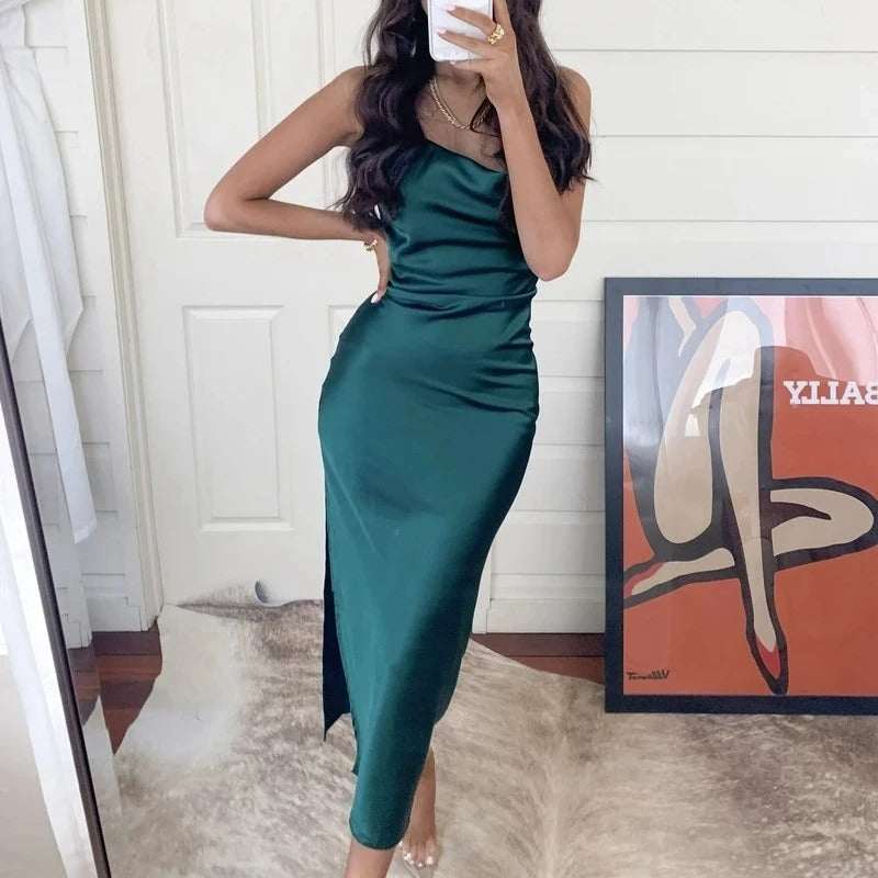 NIMA Green backless slim satin maxi dress
