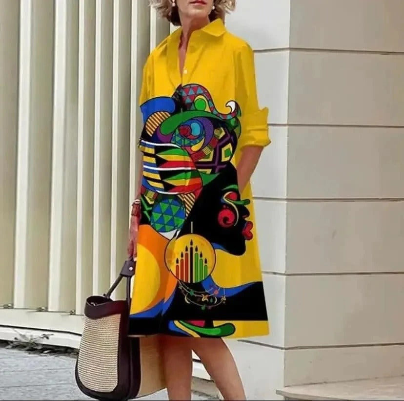 NIMA Grijs bedrukte blouse jurk met knoopkraag