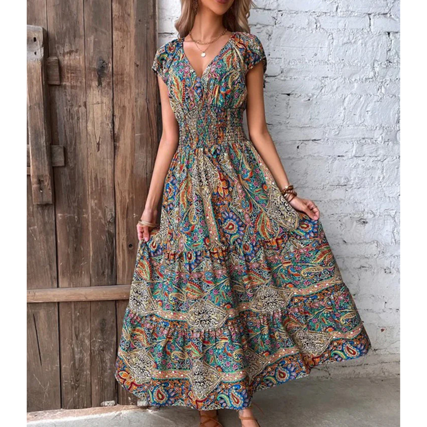 NIMA Lange Zomerjurk Met Verzamelde Taille