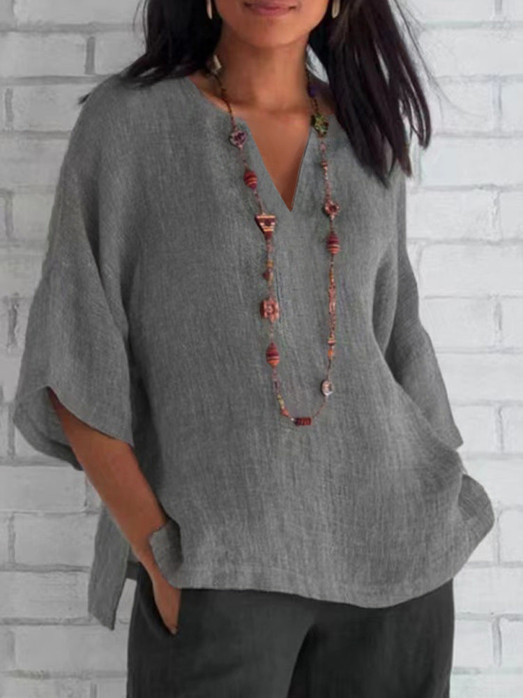NIMA blauwe v-hals lichtgewicht linnen dames blouse