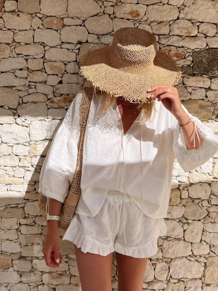 NIMA Witte blouse en broek set met lange mouwen met V-hals