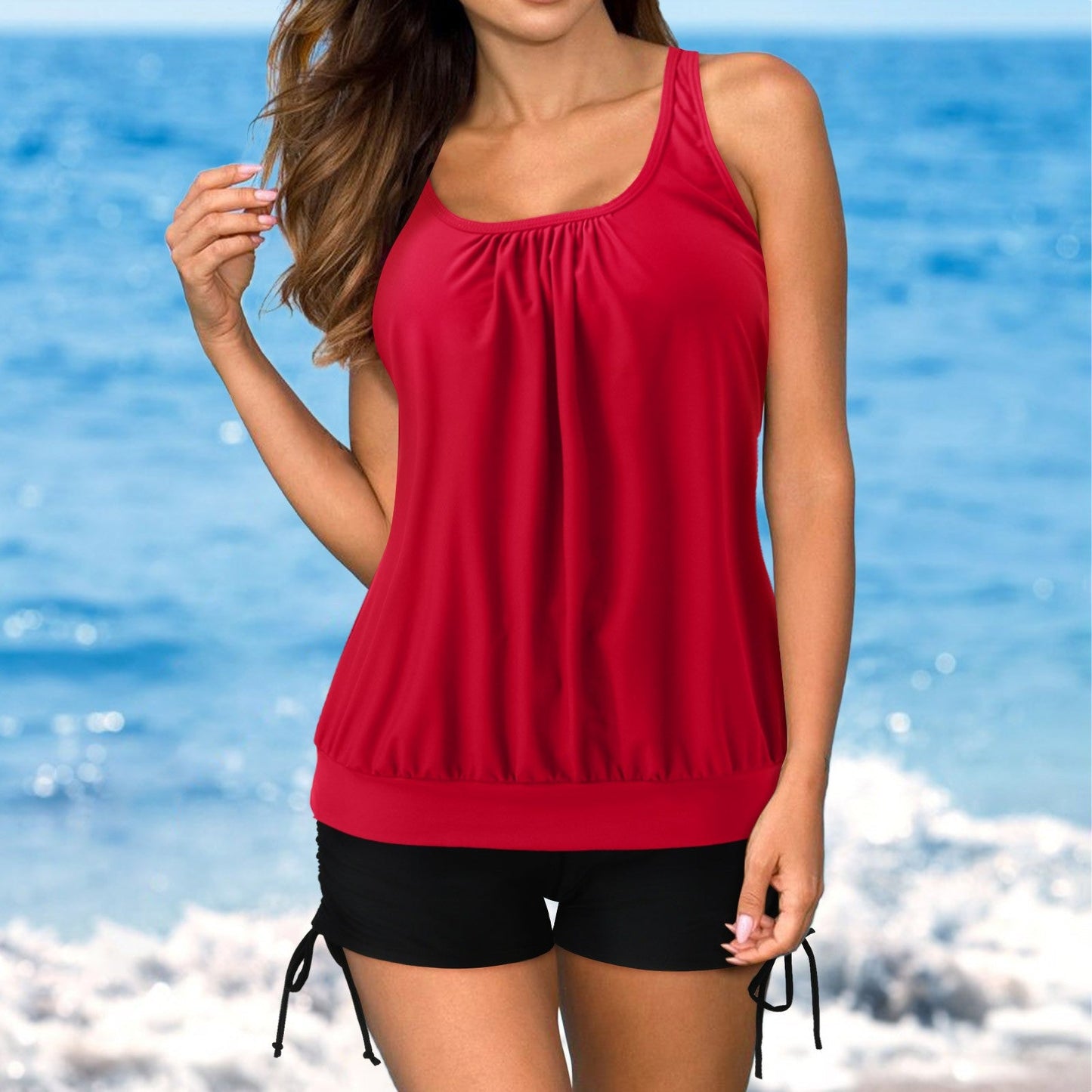 NIMA zwarte korte comfortabele tankini met u-hals