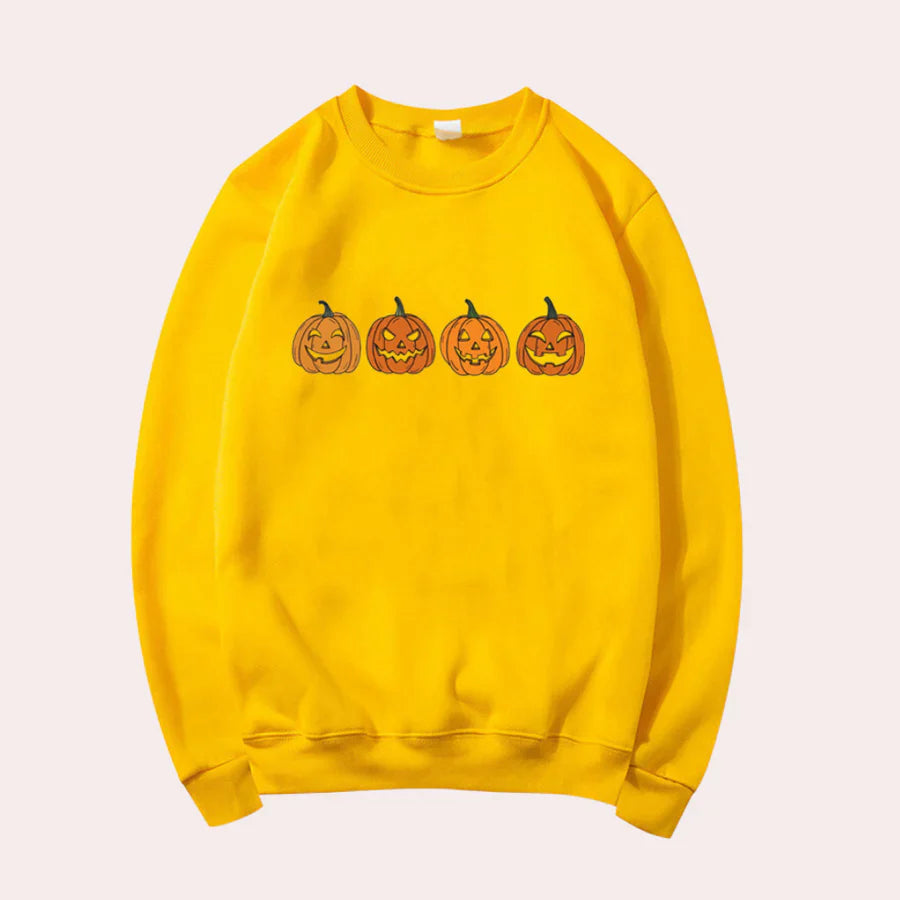 Afra – halloween-trui met ronde hals en pompoenmotief voor dames