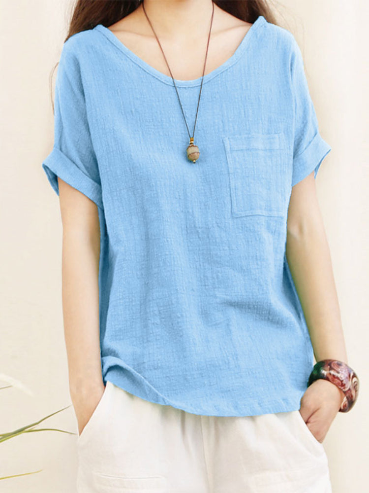 NIMA blauwe fleece linnen dames blouse met ronde hals