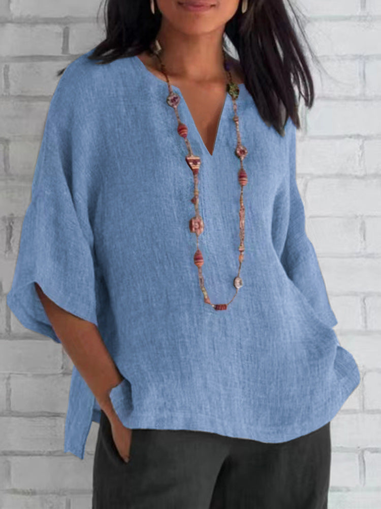NIMA blauwe v-hals lichtgewicht linnen dames blouse