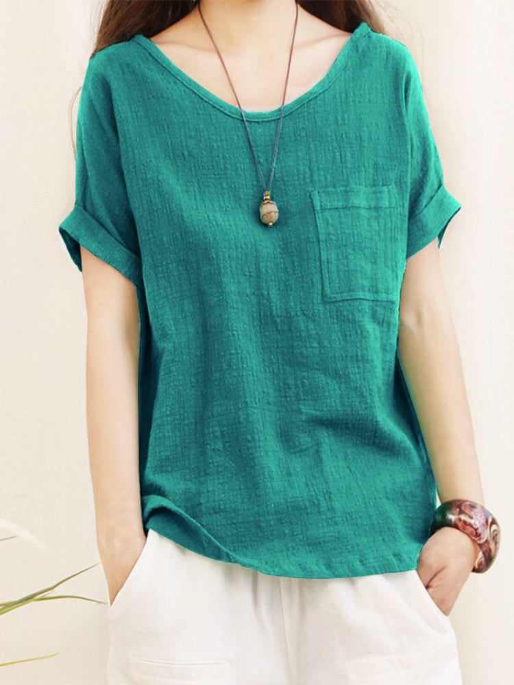 NIMA blauwe fleece linnen dames blouse met ronde hals