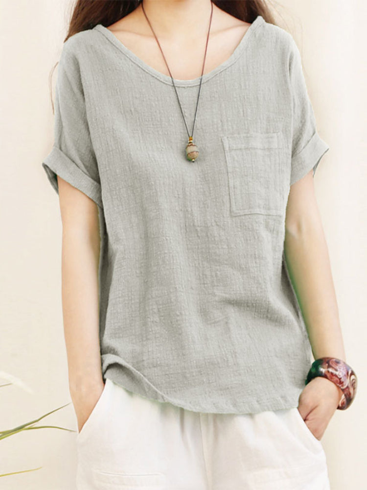 NIMA blauwe fleece linnen dames blouse met ronde hals