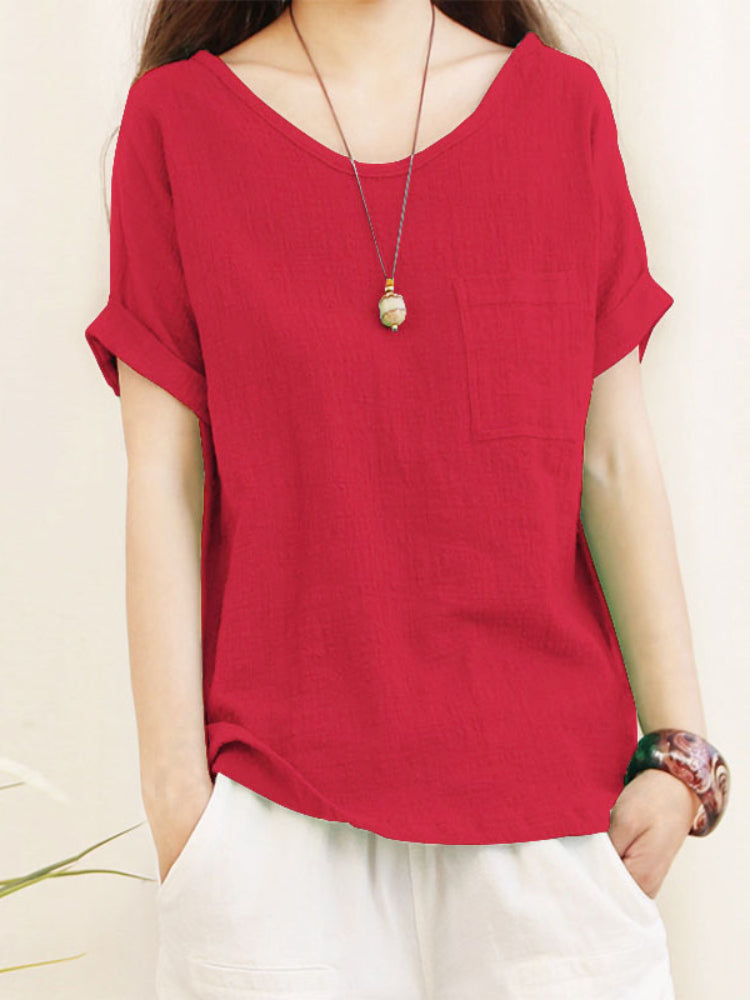 NIMA blauwe fleece linnen dames blouse met ronde hals