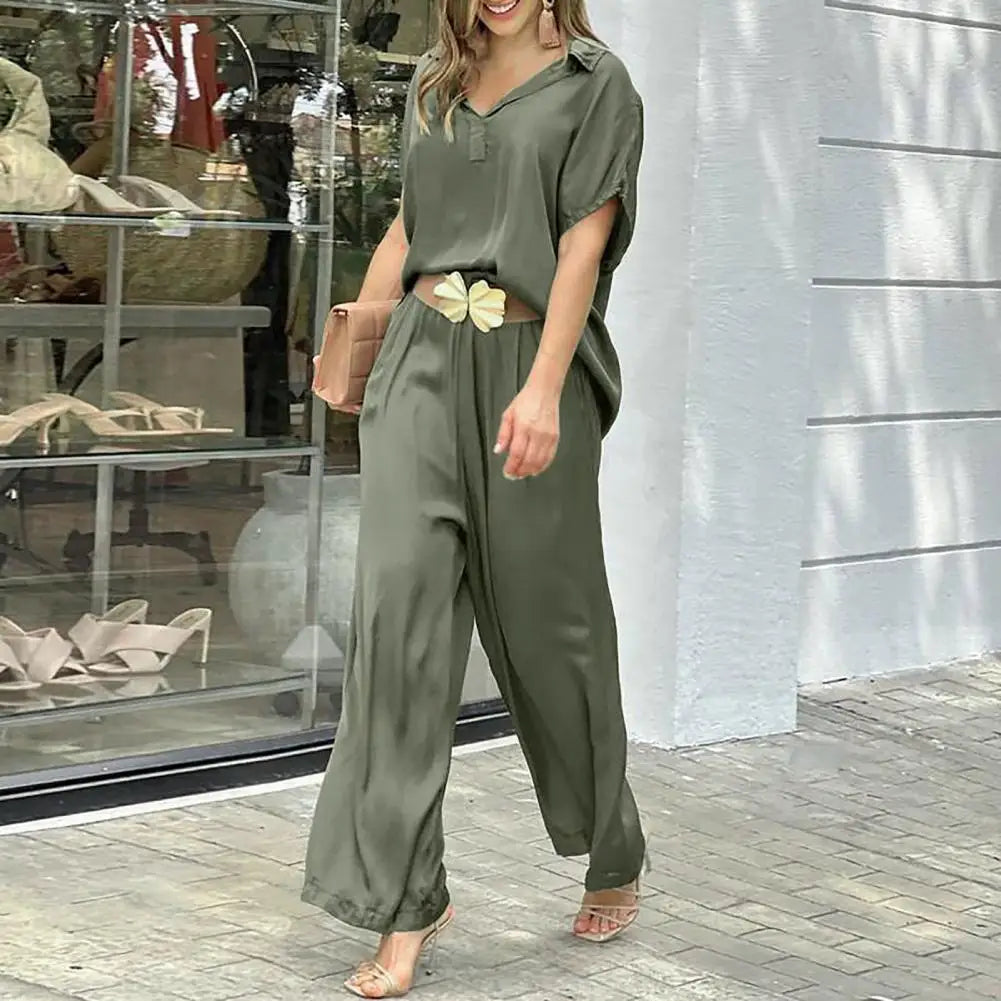 NIMA effen kleur wijde pijpen blouse en broek set