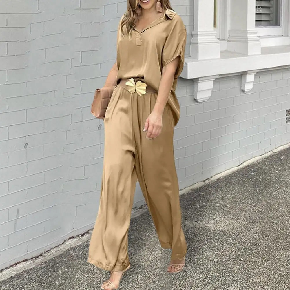 NIMA effen kleur wijde pijpen blouse en broek set