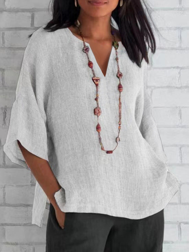 NIMA blauwe v-hals lichtgewicht linnen dames blouse