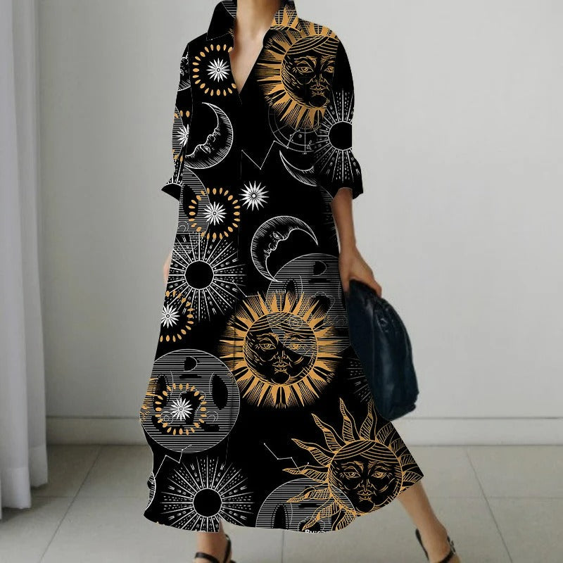 NIMA Elegante zwarte blouse jurk met bloemenprint en draaikraag