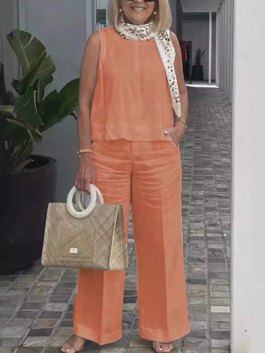 NIMA mouwloze effen kleuren wijde pijpen blouse en broek set
