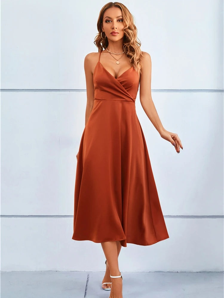 NIMA Haltertop strapless rugloze satijnen maxi jurk