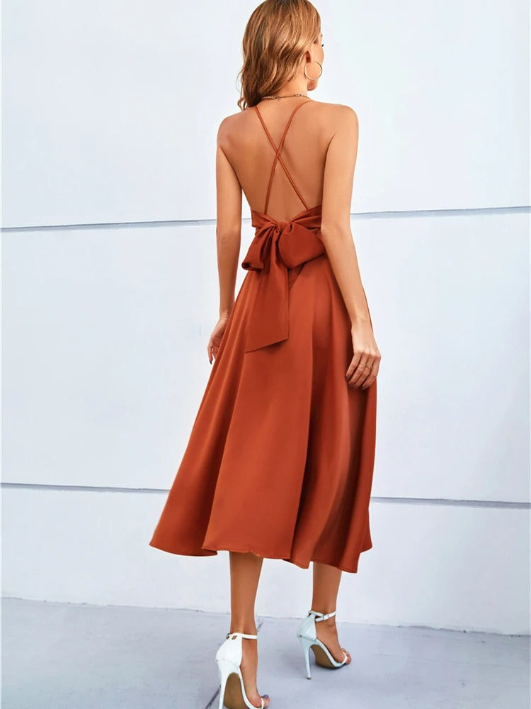 NIMA Haltertop strapless rugloze satijnen maxi jurk