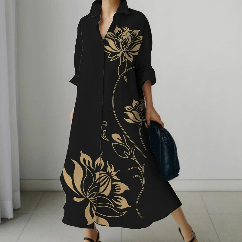 NIMA Elegante zwarte blouse jurk met bloemenprint en draaikraag