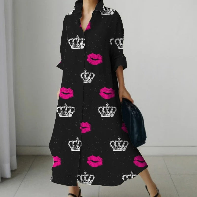Zwarte comfortabele blouse jurk met bloemenprint en v-hals