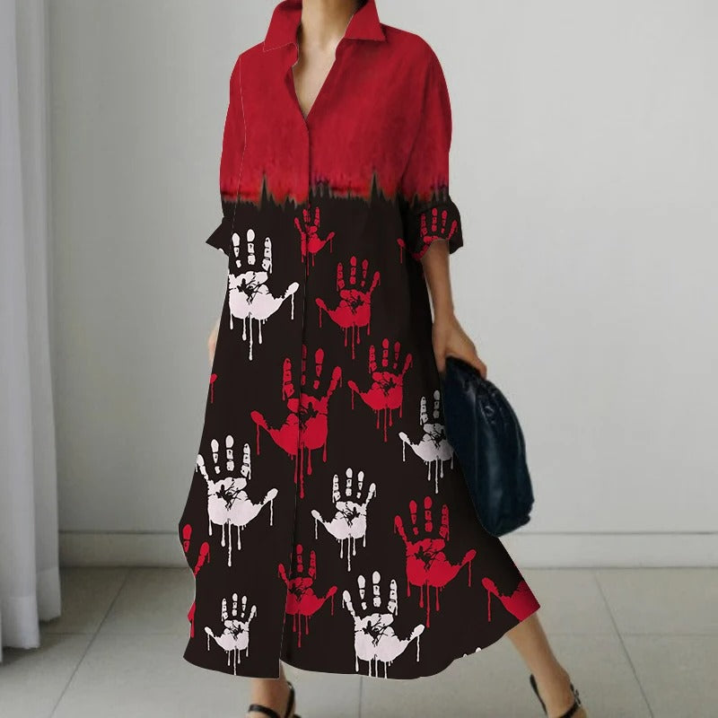 Zwarte comfortabele blouse jurk met bloemenprint en v-hals