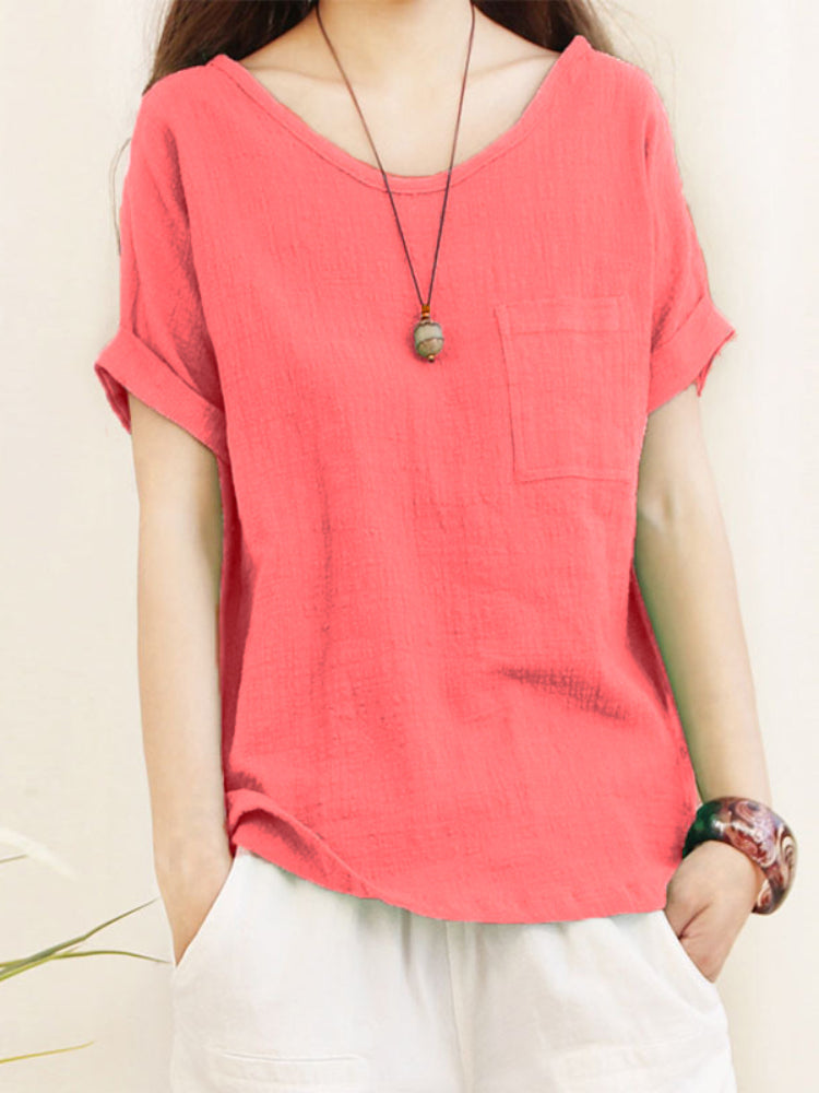 NIMA blauwe fleece linnen dames blouse met ronde hals