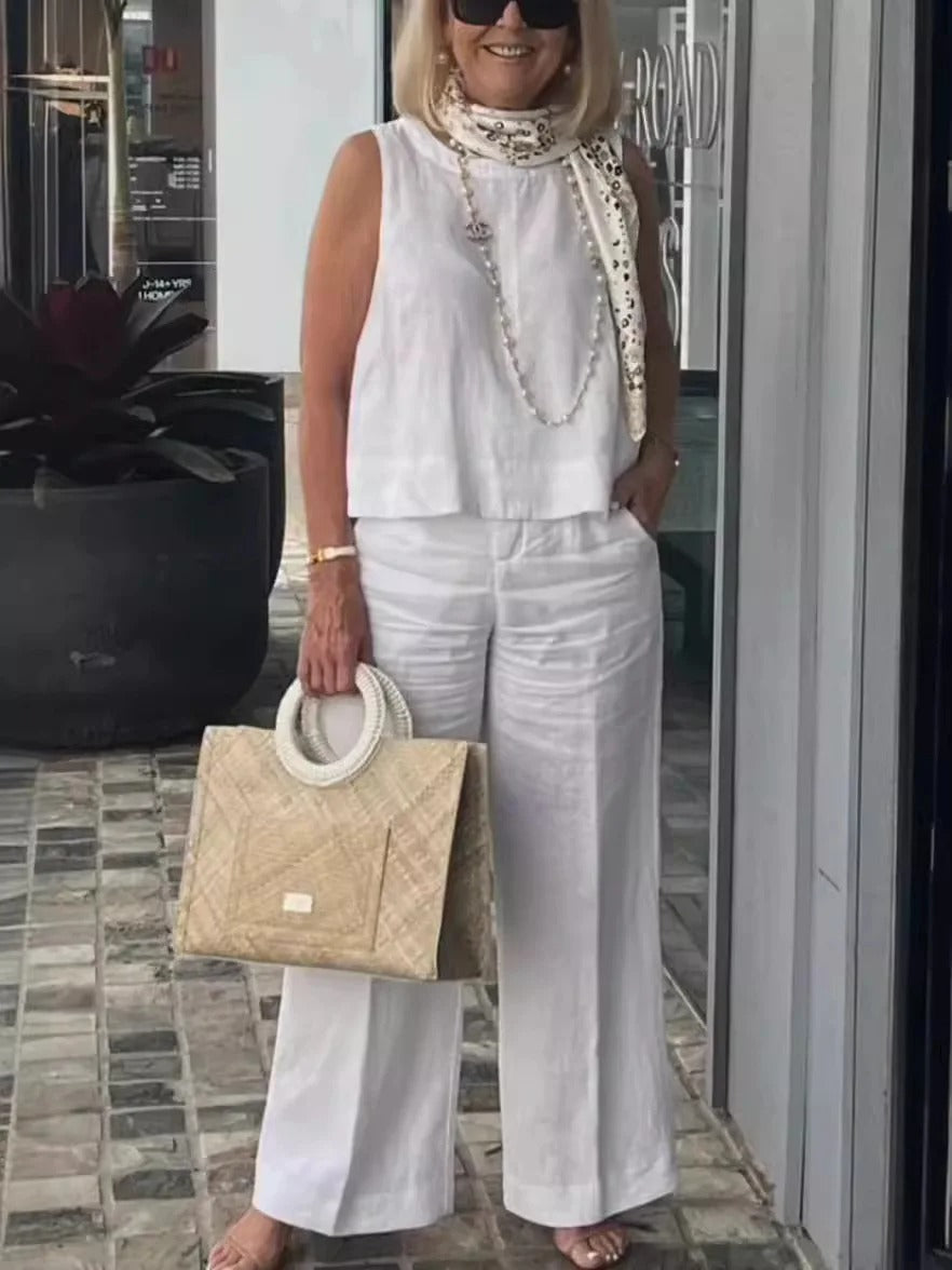NIMA mouwloze effen kleuren wijde pijpen blouse en broek set