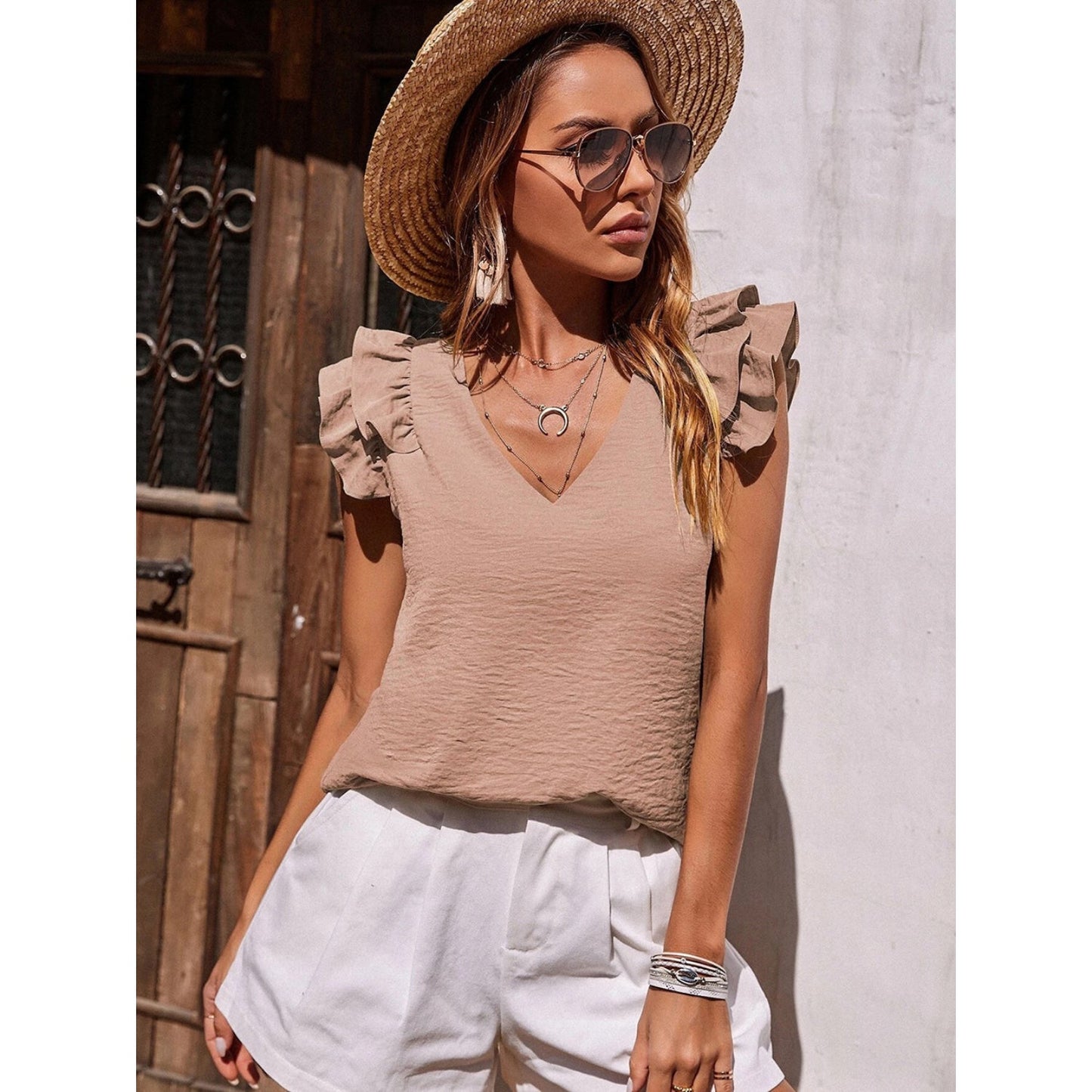 NIMA V-hals met ruches korte mouwen blouse