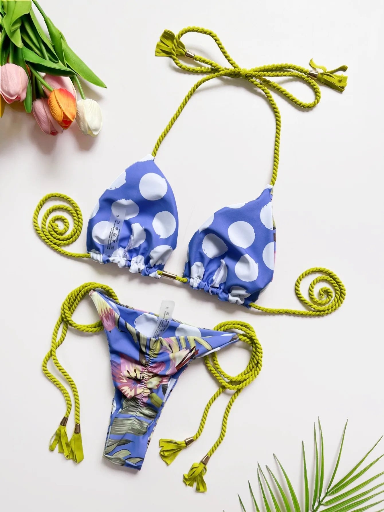 NIMA blauwe bedrukte touw lichtgewicht brazilian bikini