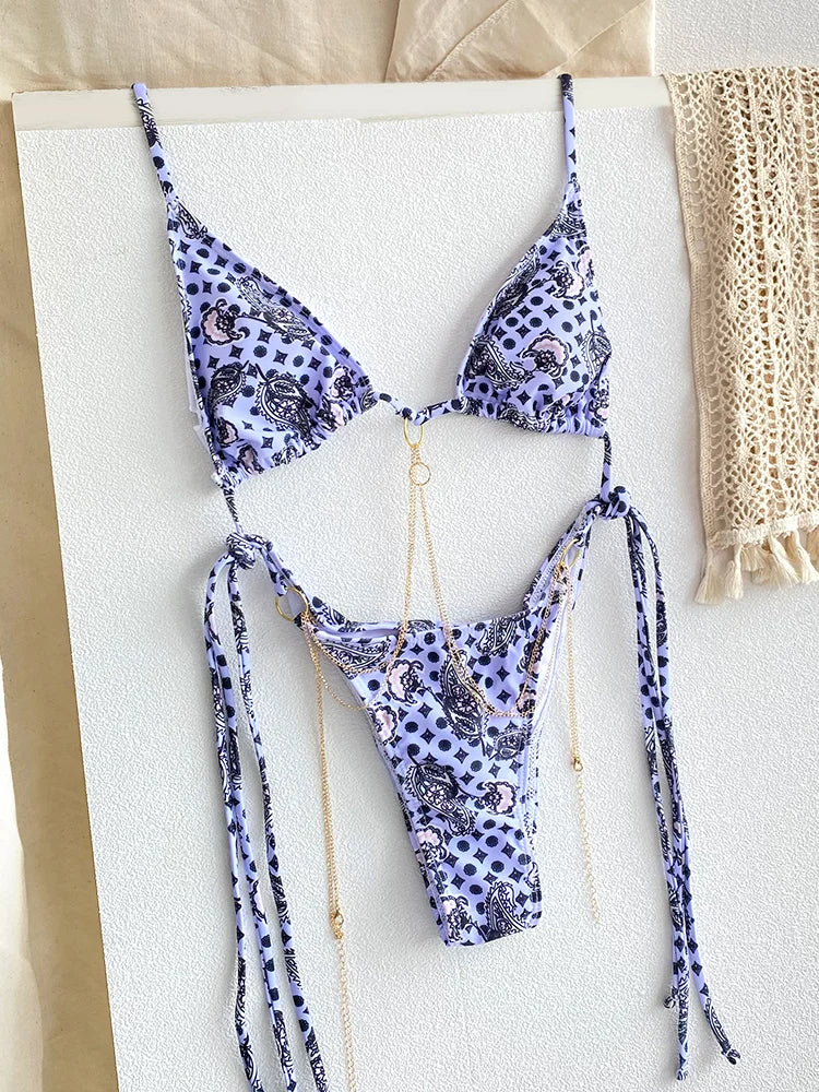 NIMA bruine bedrukte driehoekige metalen ketting brazilian bikini