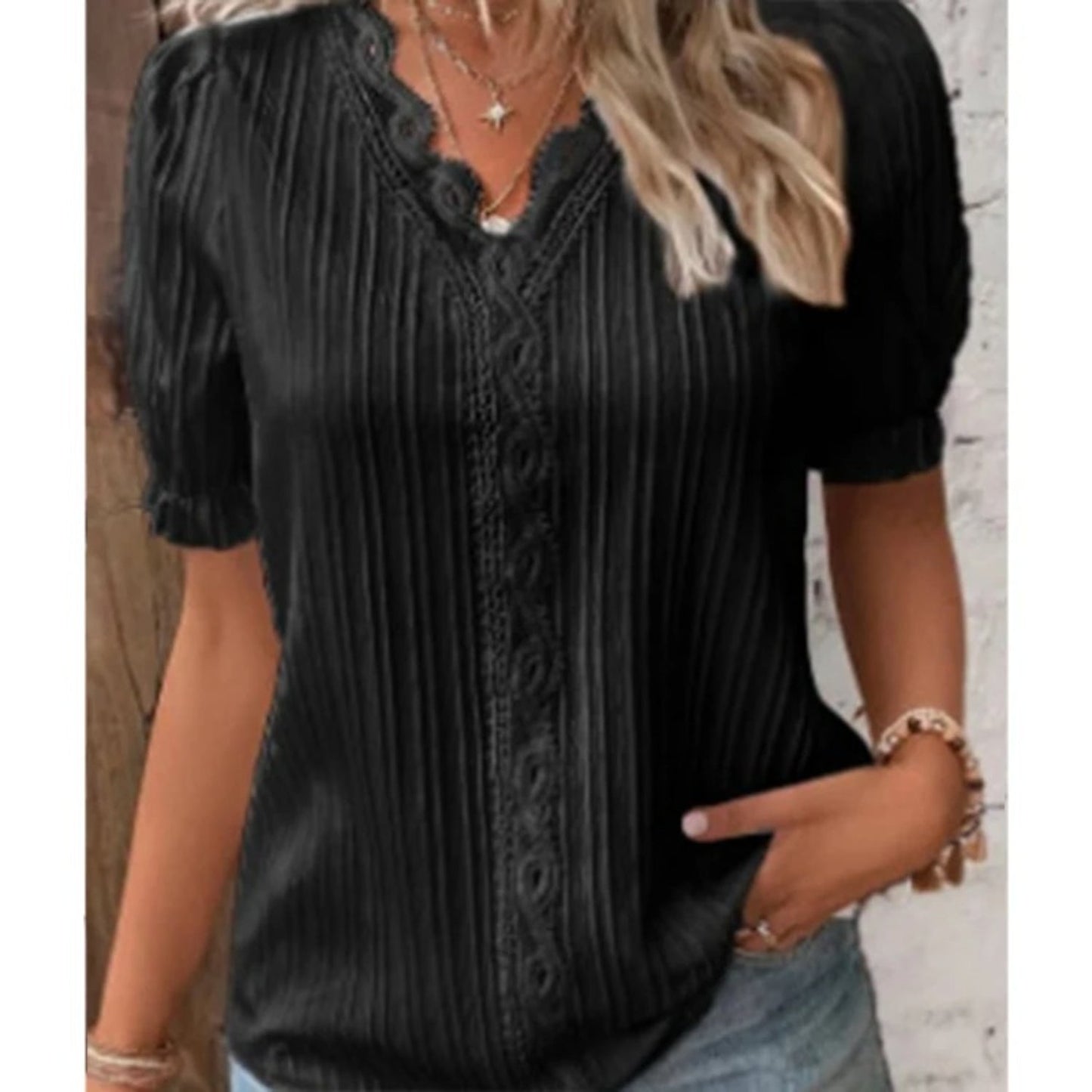 NIMA Korte mouwen blouse met geribbelde kanten kraag